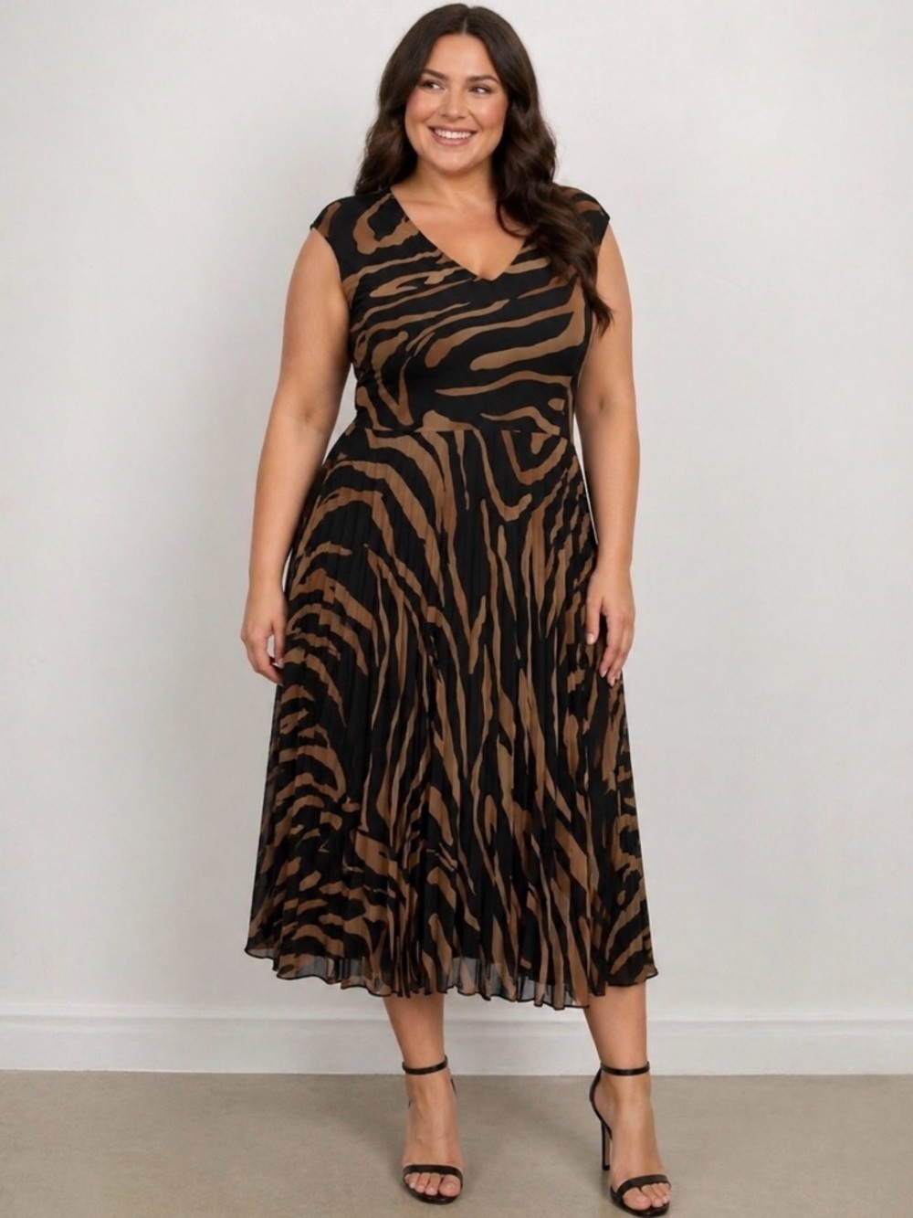 Marina Rinaldi Nero Doratura Sleeveless Pleated Animal Print Dress Sz 31EU/22US